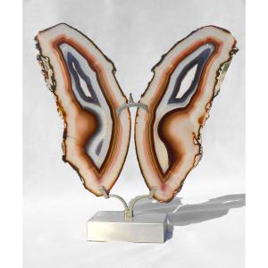 Sculpture 1970 Papillon En Agate , Marbre & Metal Brossé Style Willy Daro , Design