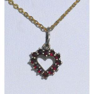 Pendant / Medallion In Sterling Silver And Garnets, Heart Shape, Napoleon III Nineteenth Jewel