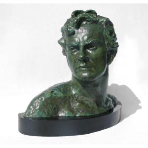 Art Deco Bronze Bust, Young Man, Jean Mermoz Portrait By Alexandre Ouline, The Archangel