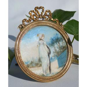 Portrait Miniature , Jeune Femme Style Premier Empire , Cadre En Bronze Doré , Aquarelle 1800