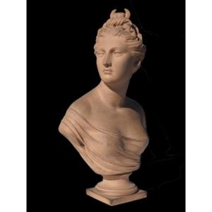 Grand Buste En Terre Cuite De Diane Chasseresse d'Aprés Jean Antoine Houdon XIXe Style XVIIIe