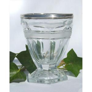 Charles X Style Engraved Glass Goblet, Sterling Silver Frame, 19th Century Violet Vase