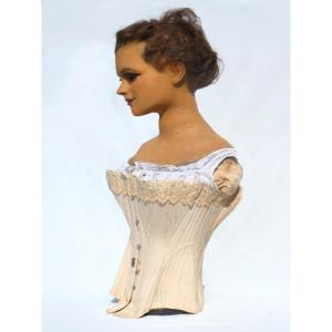 Rare Mannequin De Corset époque 1880 , Buste / Tête En Cire XIXe , Napoléon III , Mode De Paris