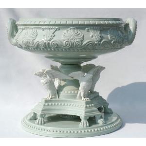 Grande Vasque En Faience Celadon , Epoque Napoleon III , Exposition Universelle Sarreguemines  1878 , XIXE Vase Medicis , décor d'aigles