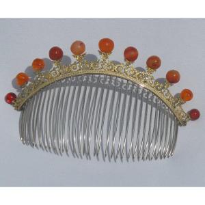 Diademe De Cheveux Epoque Empire Peigne Argent Massif & Perles De Cornaline , Bijou De Bal XIXe