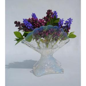 Baccarat Opalescent Crystal Vase, Japanese Art Nouveau Decor, Butterfly & Fan XIX