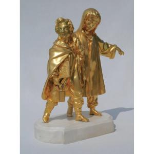 Gilt Bronze Sculpture, The Fraternity, Children Napoleon III Period, 19th Troubadour Style