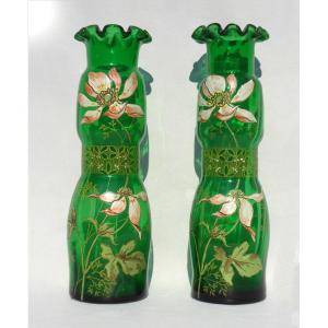 Paire De Vases En Verre émaillé , Legras époque Art Nouveau 1900 Vase à Bulbes , Orchidées XIXe