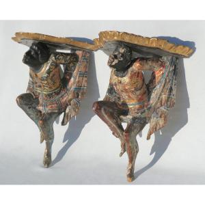 Pair Of Venetian Consoles In Golden Wood Nineteenth, Nubian Decor, Venice Wall Lights Napoleon III