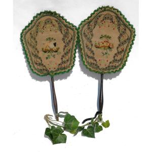 Old Pair Of Face Screens, 1820s, 19th Century Embroidery, Dog & Cat, Fan, Screen
