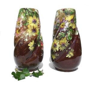 Old Pair Of Large Vases In Impressionist Slip Jerome Massier Pere Vallauris Nineteenth