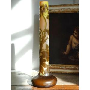 Grand Vase En Verre Degagé à l'Acide 60cm Signé Emile Gallé Berce Du Caucase Ombelles Art Nouveau XIXe 