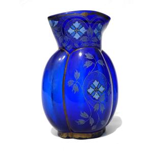 Enameled Glass Vase, Thédore Legras, Melon Shape, Art Nouveau Style, Night Blue / Cobalt