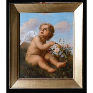 Huile Sur Toile , époque 1820 , Cupidon Au Panier De Fleurs , XIXe , Romantique  , Mythologique