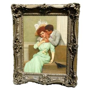 Oil On Canvas, Galante Scene 1900, Signed Jan Van Beers Le Jeune, The Secret, Nineteenth