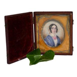 Miniature Portrait Of A Woman Of Quality Napoleon III Period, Nineteenth Watercolor, Box