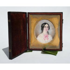 Miniature Portrait Of Young Woman Of Quality Napoleon III Period, Nineteenth Watercolor, Box