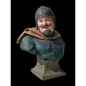 Polychrome Terracotta Bust Friedrich Goldscheider, Nineteenth, Neo-gothic Knight In Armor