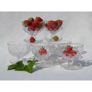 Series Of Cut Crystal Cups, 1930 Period Fruit Bowls, Art Deco Ice Glasses, Saint Louis