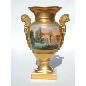 Vase En Porcelaine De Paris , Vers 1820 1830 , D&eacute;cor &eacute;trusque , Paysage Italien XIXe , Empire