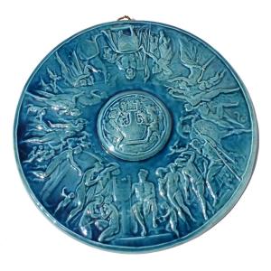 Plat En Faience émaillée , Scène  à l'Antique , Zeus / Appolo , Bleu Deck , Napoléon III , XIXE