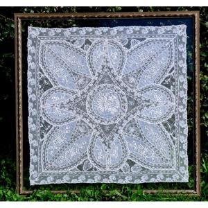 Large Napoleon III Period Wedding Handkerchief, Lace And Embroidery, Framing, 19th Century Chale