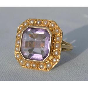 Bague d&#039;Eveque En Or Et Amethyste , Perles &eacute;poque Napol&eacute;on III , XIXe Bijou