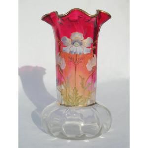 Grand Vase Lavalliere En Verre Emaillé De Theodore Legras , Anemones Art Nouveau XIXe Dorure