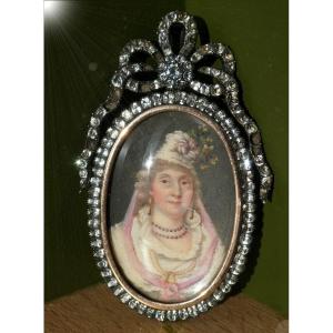 18th Century Medallion, Rhine Stone Jewel And Miniature, Portrait Of Marquise