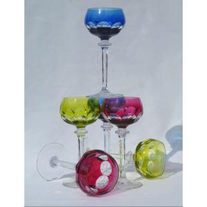 Set Of 6 Colored Crystal Wine Glasses Roemer 1930 Art Deco, Val Saint Lambert / Louis