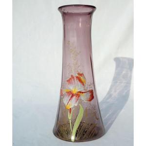 Large Baluster Vase In Legras Enameled Glass, Enameled Iris Decor, Art Nouveau Purple Background