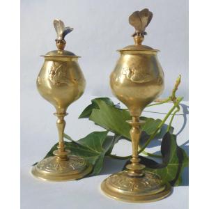 Paire De Cassolettes En Bronze Doré Vases Couverts Vers 1880 Art Nouveau Papillon Insecte XIXe