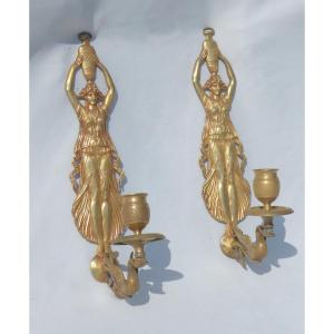 Pair Of Wall Lamps With One Arm Of Light Gilt Bronze Caryatid & Swan Empire Style 19th Century Wall Lamp