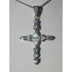 Croix Pendentif En Or Blanc & Diamants , Style Art Deco , Bijou 