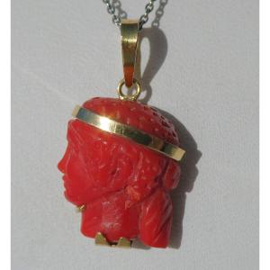 Red Coral Pendant, Antique Head Of A Young Woman, Grand Tour Style Profile, 19th Century