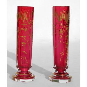 Pair Of Baccarat Enameled Crystal Soliflore Vases, 19th Century Crystal Staircase 1880