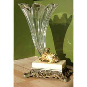 Cornet Vase In Baccarat Crystal / Marble & Gilt Bronze, Rhyton, 19th Century, Empire Style
