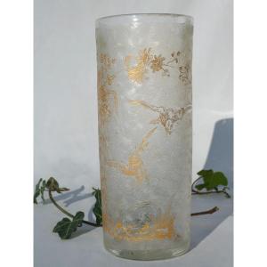 Vase Rouleau En Cristal De Saint Louis , Décor Degagé à l'Acide , Oiseau / Mésange XIXe 