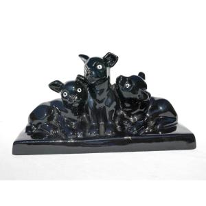 Groupe En Faience Art Deco , Bulldogs , Chiots Vers 1920 , Sculpture Animaliere 