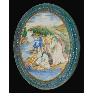 Medallion In Castelli Style Earthenware Moses Saved From The Waters Urbino Majolica Italian Renaissance