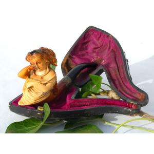 Meerschaum Pipe Napoleon III Period 19th Century, Original Box, Young Woman, Smoking Object