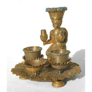 Bougeoir à Main Bronze Doré & Turquoise Robinson Crusoé / Vendredi ,  Indien Pagne époque Restauration 1820 Encrier XIXe