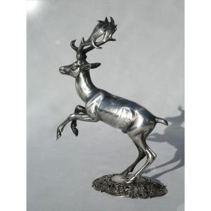 Sculpture Animaliere En Argent Massif , Cerf époque Napoléon III , XIXe , Venerie / Chasse 