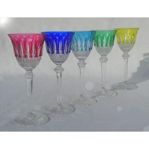 Serie De 5 Verres En Cristal De Saint Louis Couleurs , Modele Tommy , Roemer Vin Blanc Du Rhin