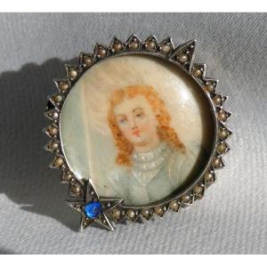 Brooch In Silver, Sapphire & Pearls Period 1900, Photo Holder, Miniature Portrait, Watercolor 