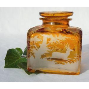 Engraved Crystal Tea/perfume Box, Deer Decor, Napoleon III, 19th Century, Amber Color
