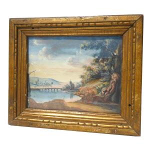 Empire Period Gouache Golden Wood Frame Landscape Bridge Early 19th Century Marlborough Tower