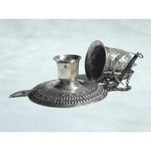 Candlestick / Hand Candle Holder In Sterling Silver, 19th Century China, Asian Helmet, Asian Saber