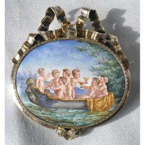 Brooch Napoleon III Period Renaissance Style, Enameled Decor, Silver Frame, Louis XVI Jewel