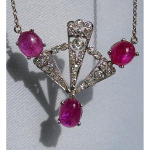 Art Deco Pendant In White Gold, Diamonds And Rubies, Neck Jewelry, Chain 